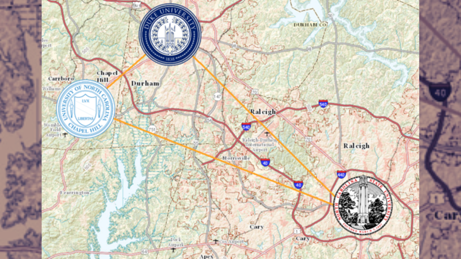 A map of 3 major universities within the Research Triangle: NC State, UNC-Chapel Hill, Duke.