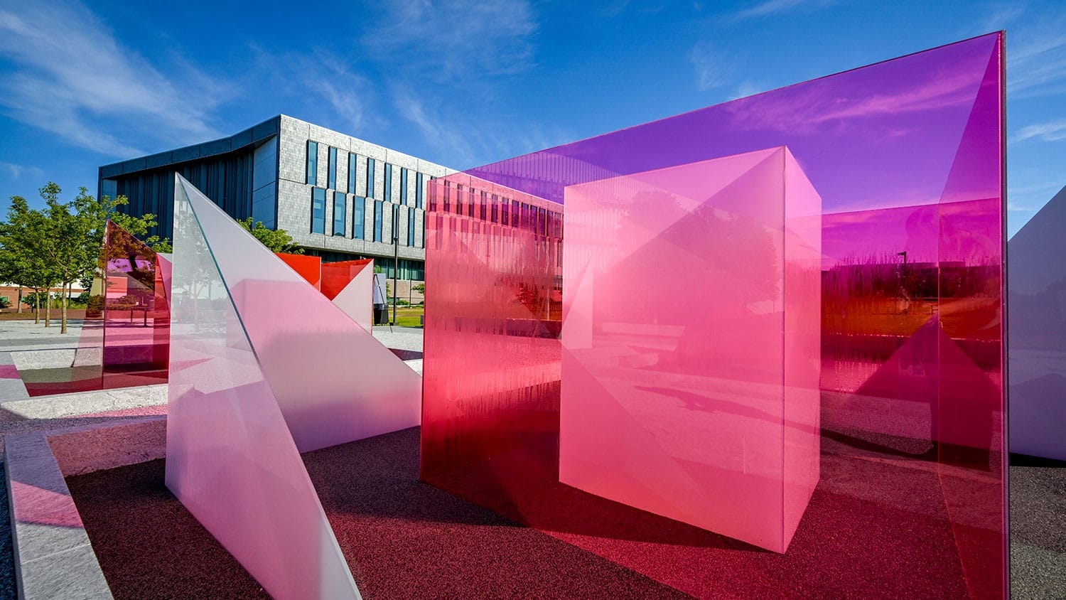 A closeup of the Reds and Whites art installation at the Susan Woodson Plaza on Centennial Campus.