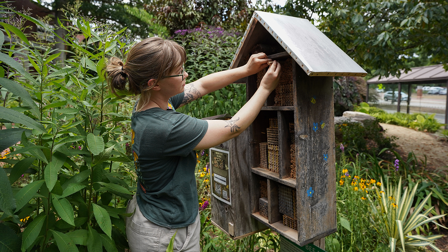 a woman works outside on a bee hotel