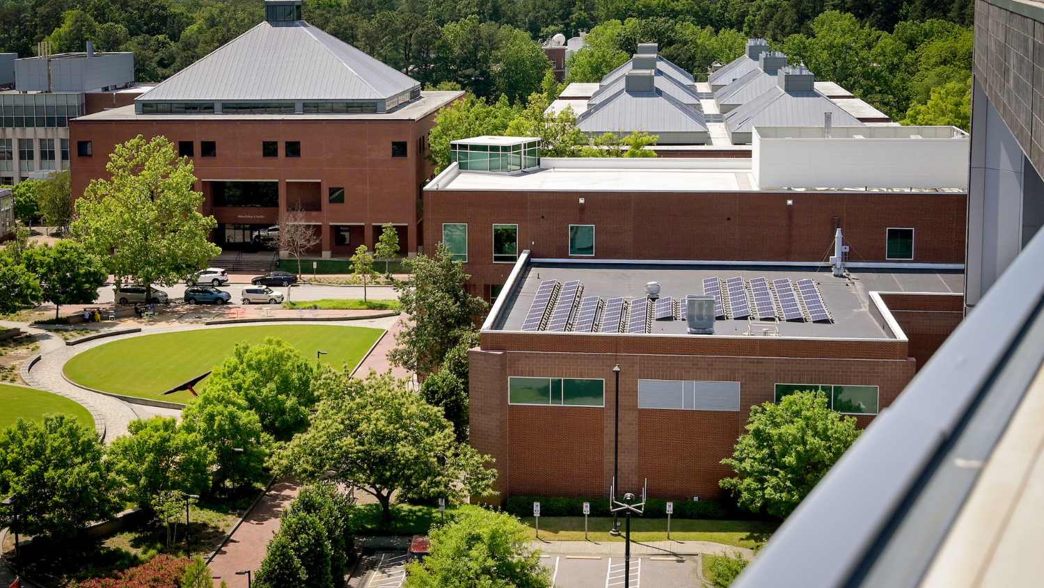 Sustainability efforts on Centennial Campus include rooftop solar panels on Partners I Photo by Becky Kirkland.