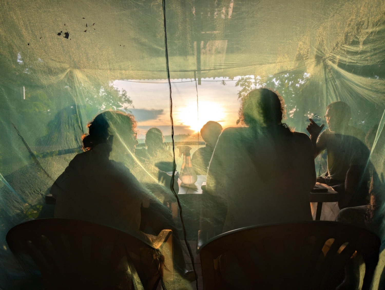 our animal-processing tent overlooking the Peruvian Amazon at sunset.
