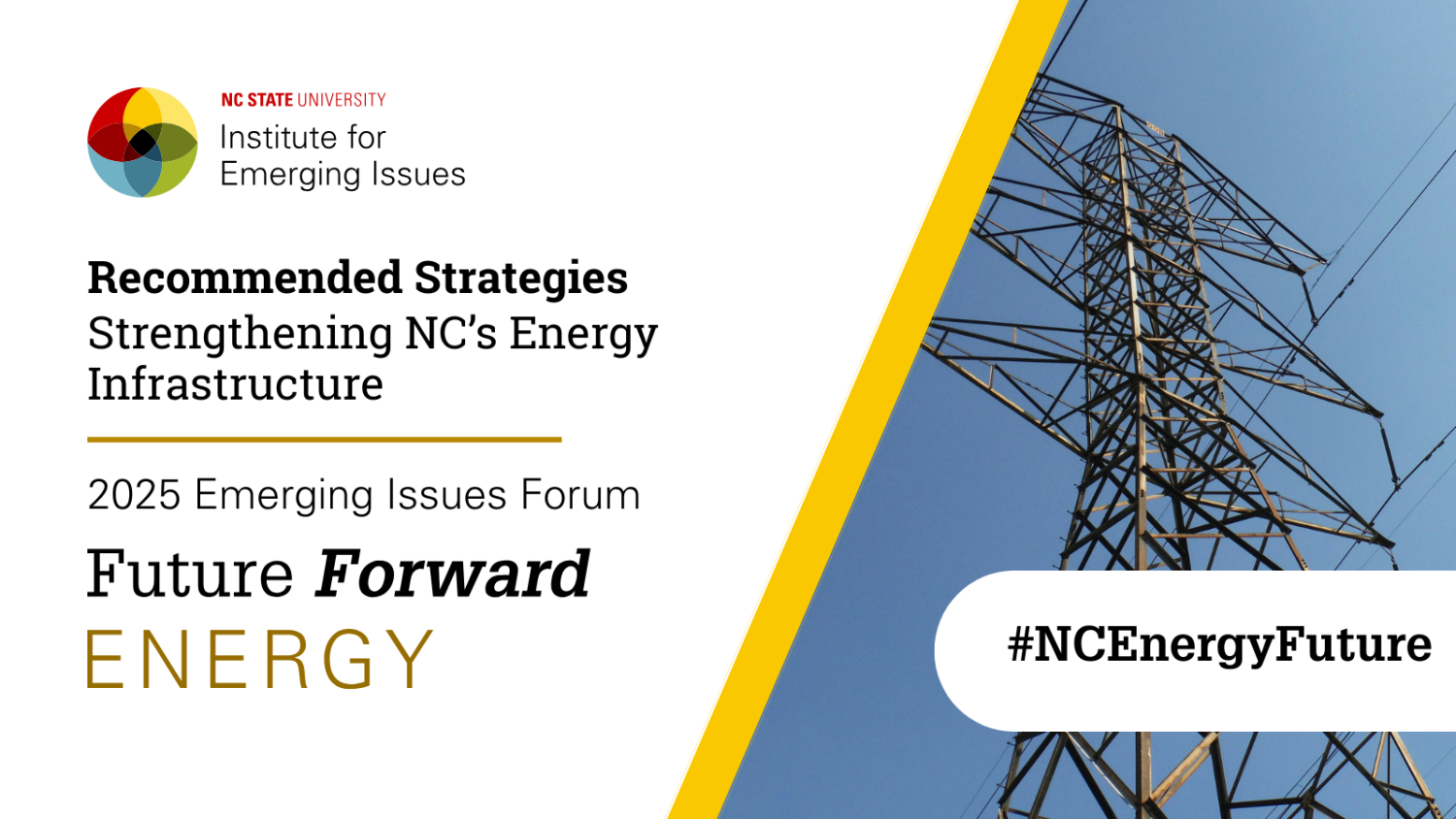 Graphic that reads "Recommended Strategies. Strengthening NC's Energy Infrastructure. 2025. Emerging Issues Forum. Future Forward Energy. #NCEnergyFuture"