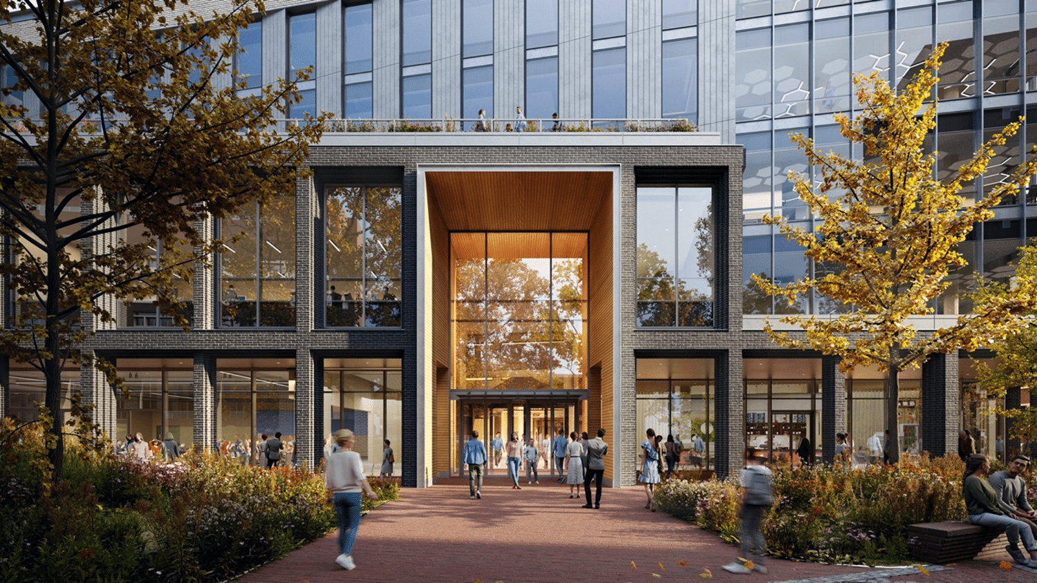 An artist’s rendering of students walking into the front of Woodson Hall.