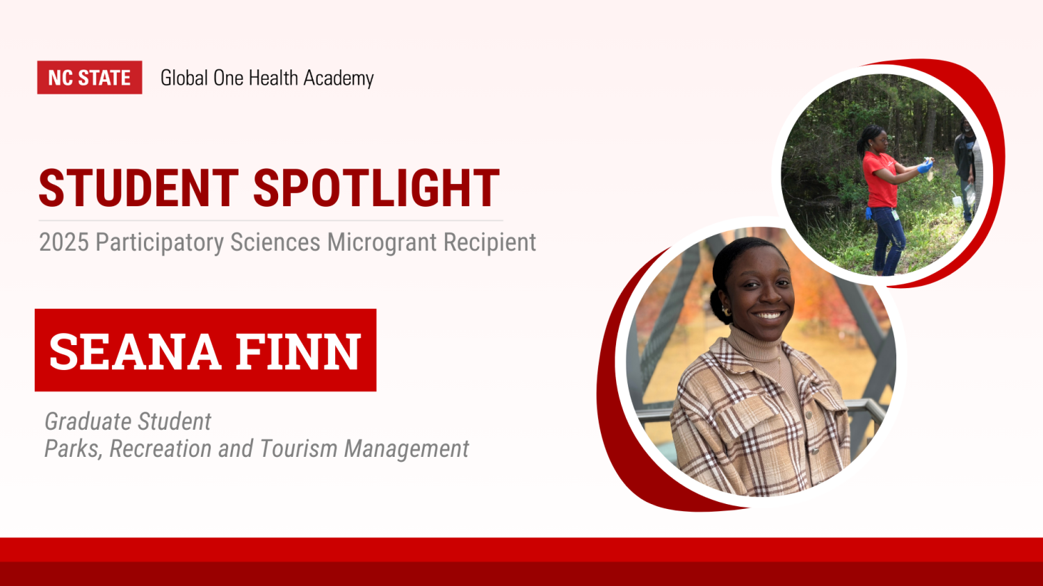 Graphic that reads, "Student Spotlight" "2025 Participatory Sciences Microgrant Recipient" "Seana Finn" "Graduate Student, Parks, Recreation and Tourism Management". Two images of Seana appear on the right side. One is a headshot and the other shows Seana in action, collecting samples in a forested area.