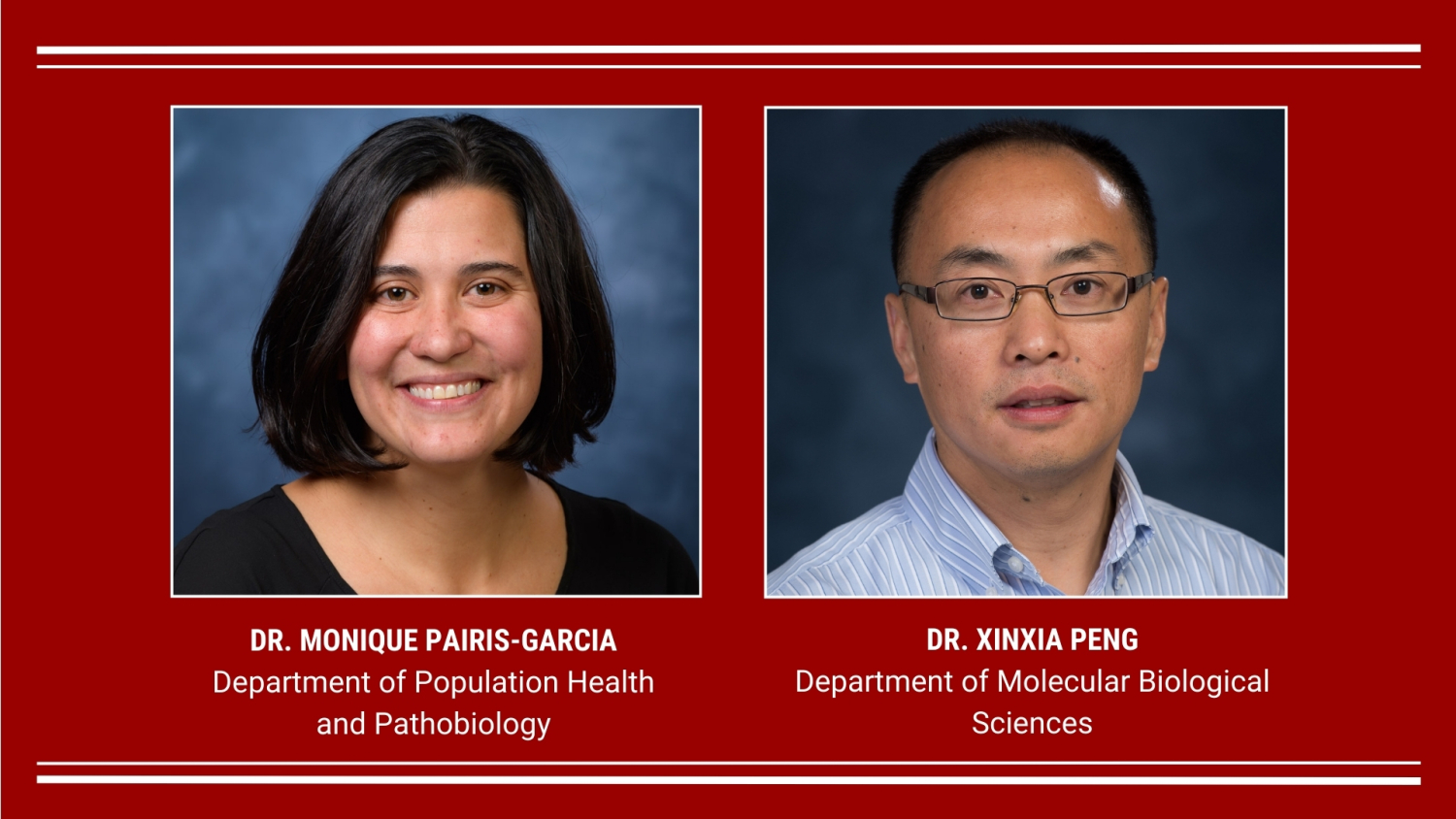 A graphic with a red background that has headshots of Dr. Monique Pairis-Garcia and Dr. Xinxia Peng and their names in white