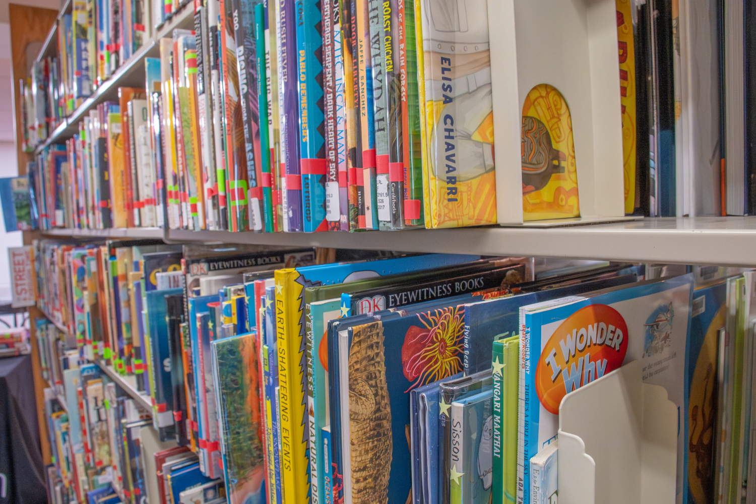 A set of library shelves stacked with children's books.