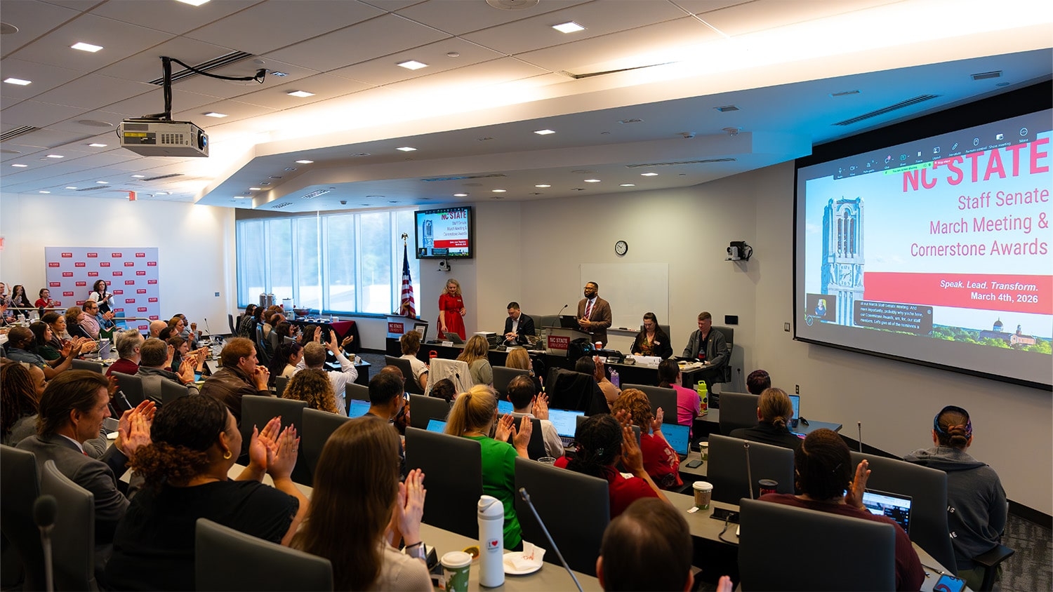 The Staff Senate gathers in its chambers with many guests to recognize winners of the inaugural Cornerstone Awards.