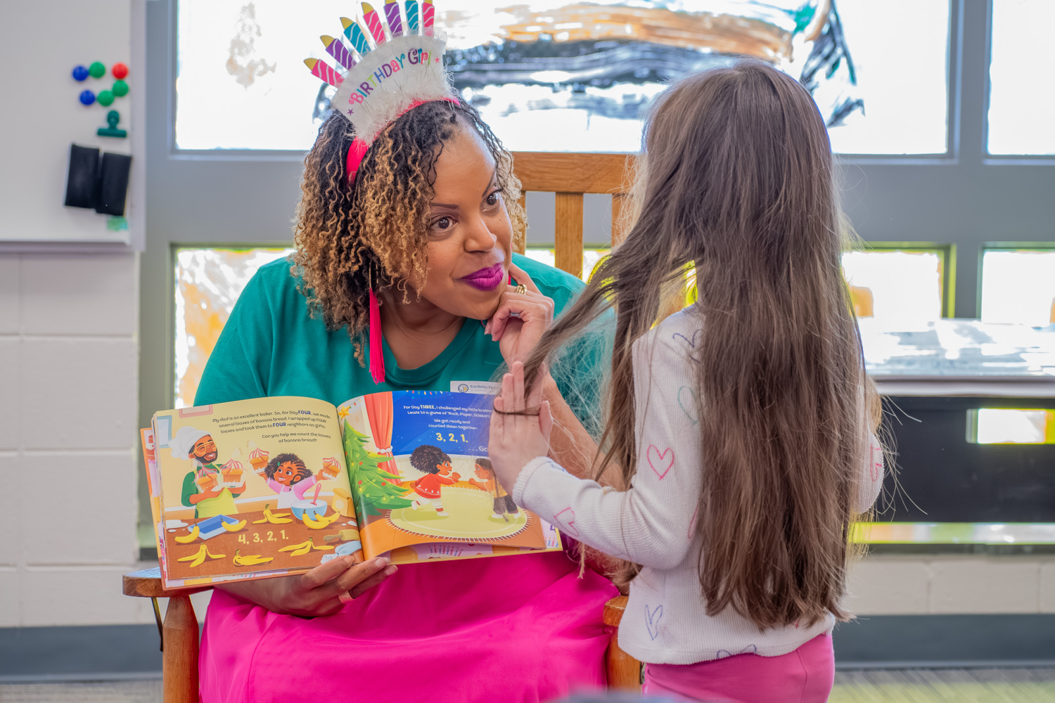 Marrielle Myers '07MED, '14PHD reads her book Marlee the Mathematician and The Birthday Countdown to students from Eno Valley Elementary School.