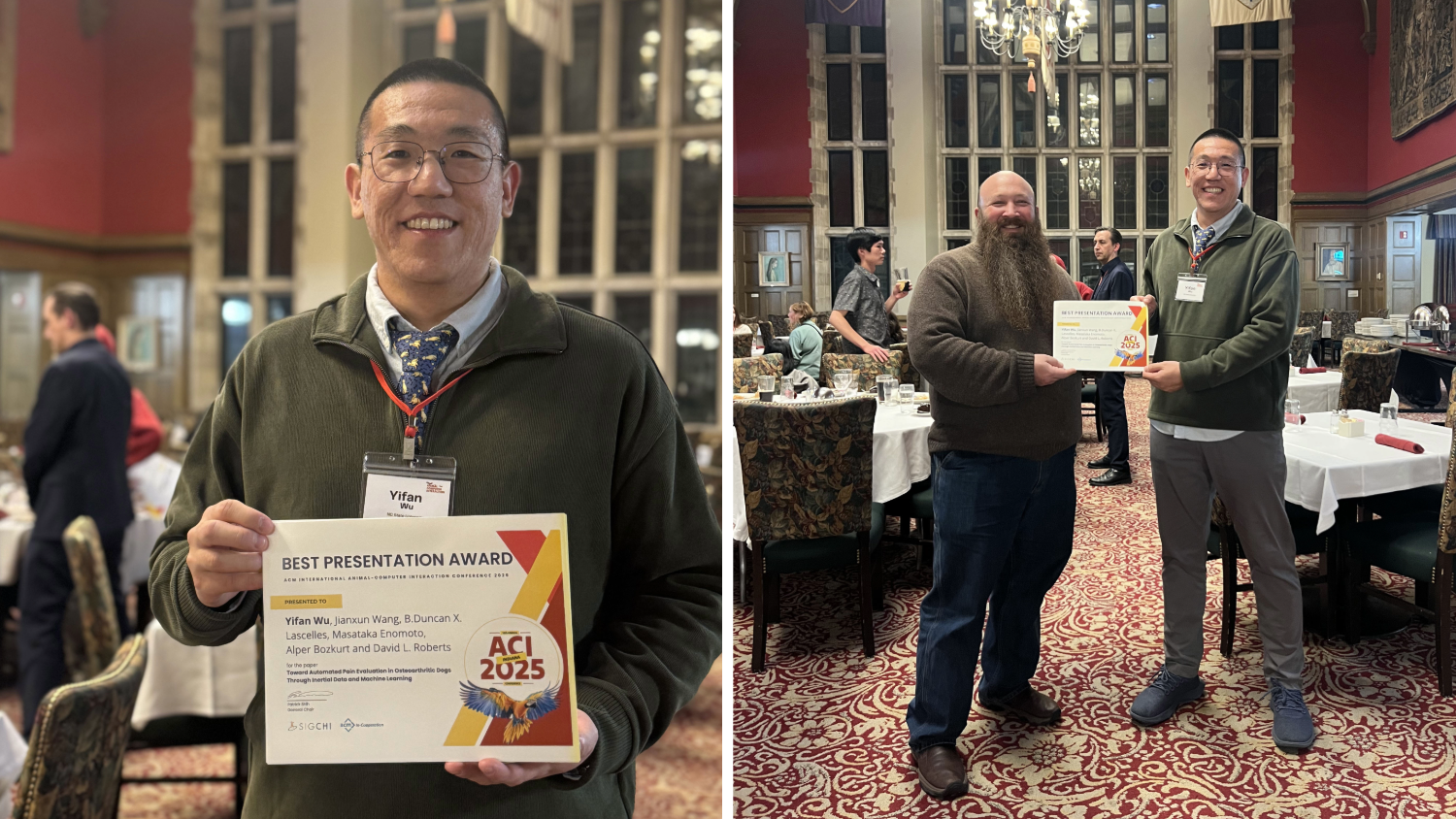 A split image. On the left, a man standing and holding up an award certificate. On the right, two men standing slightly farther back, holding the award certificate. Both images are at a conference.