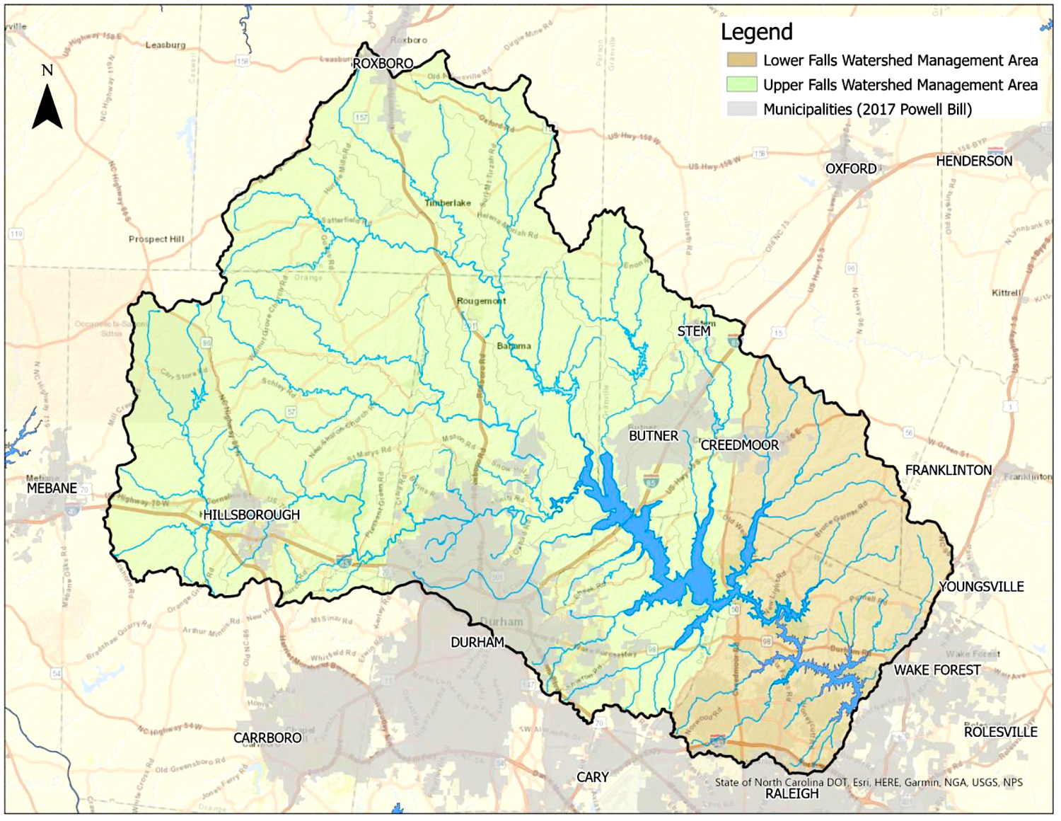 map: Falls lake watershed.