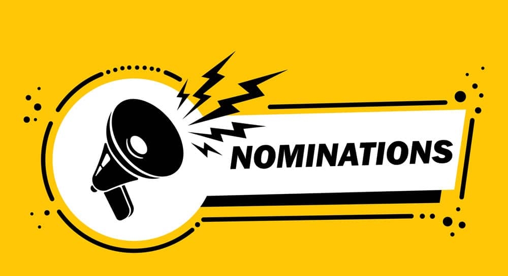 Megaphone with Nominations speech bubble banner.