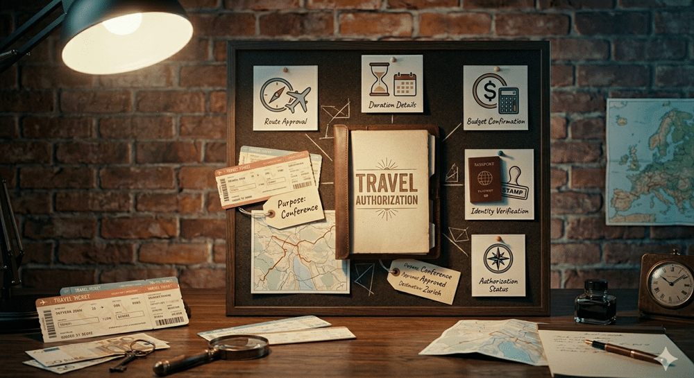 A desk with a "Travel Authorization" chalkboard board featuring icons for route approval, budget confirmation and destination details.