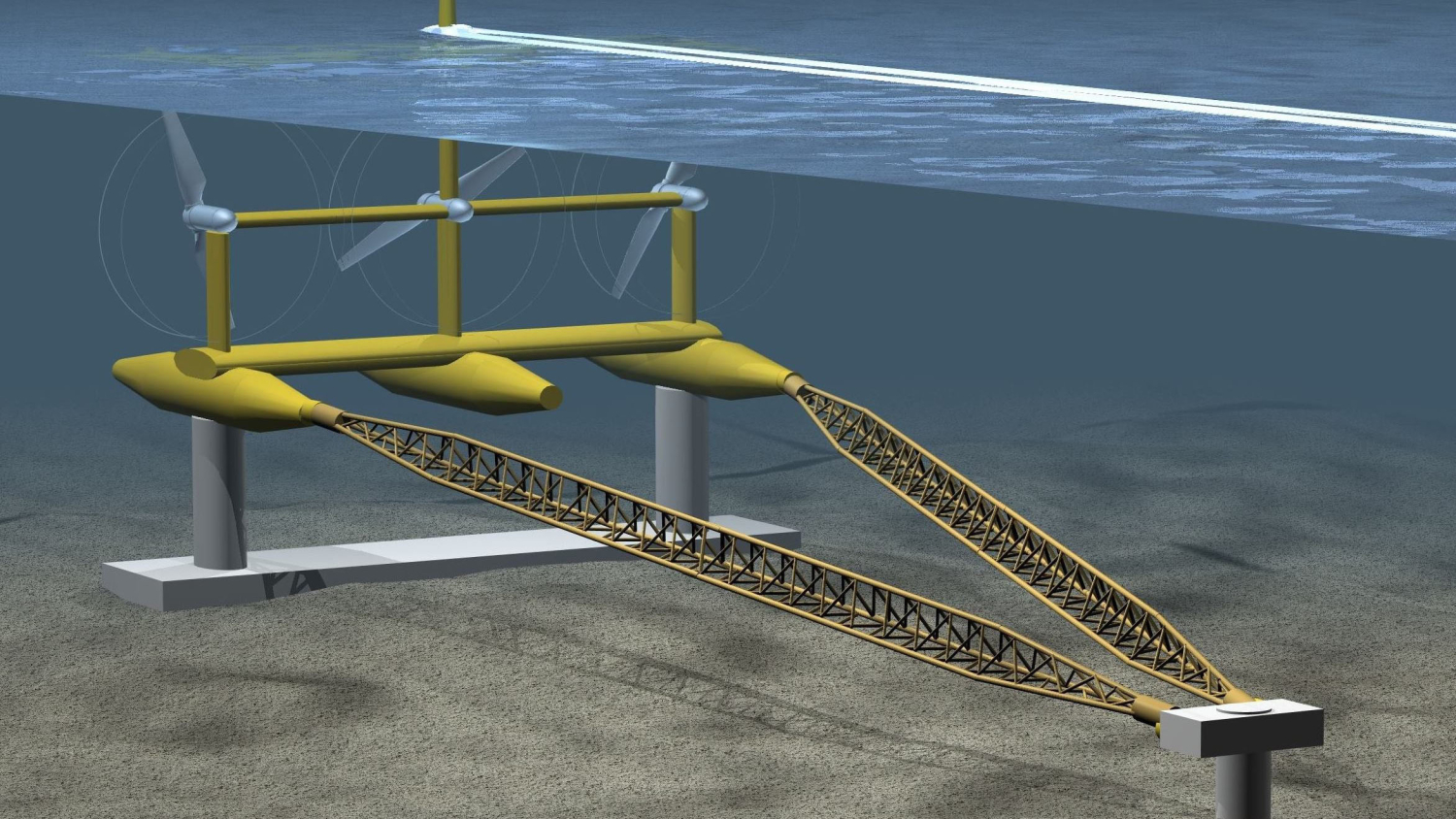 illustration shows the schematic layout of a marine hydrokinetic power system, in which several turbine blades are turned by ocean currents to generate power