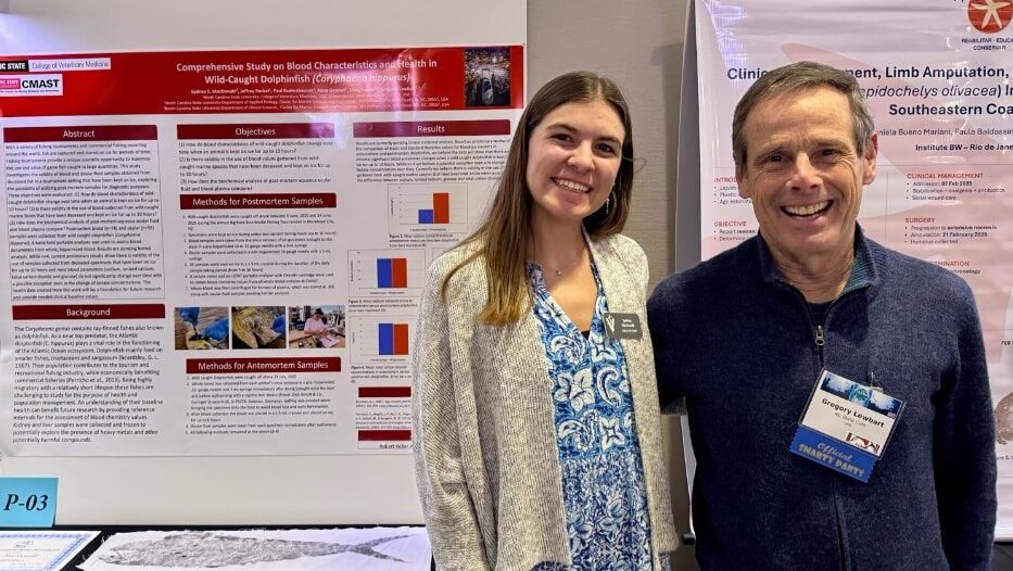 Sydney MacDonald in blue and white dress and cream cardigan stands next to her research poster and to Dr. Greg Lewbart, in dark shirt.