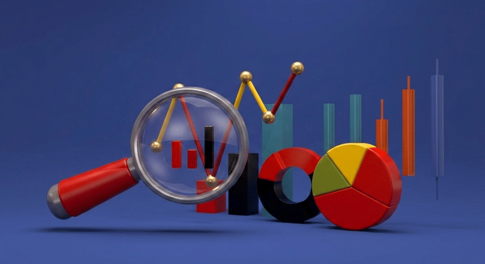 Magnifying glass, 3d charts and graphs