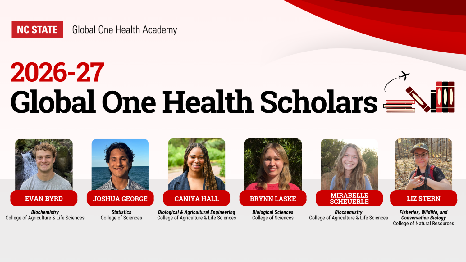 Graphical announcement of the 2026-27 Global One Health Scholars featuring images of the six scholars, Evan Byrd (Biochemistry, College of Agriculture & Life Sciences), Joshua George (Statistics, College of Sciences), Caniya Hall (Biological & Agricultural Engineering, College of Agriculture & Life Sciences), Brynn Laske (Biological Sciences, College of Sciences), Mirabelle Scheuerle (Biochemistry, College of Agriculture & Life Sciences), Liz Stern (Fisheries, Wildlife, and Conservative Biology, College of Natural Resources)