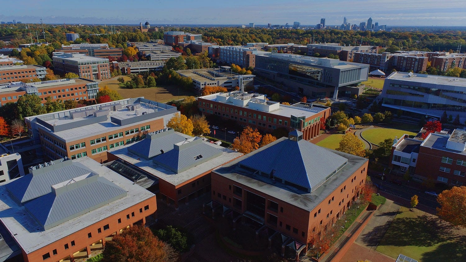 an aerial photograph shows the wilson college of textiles at north carolina state university