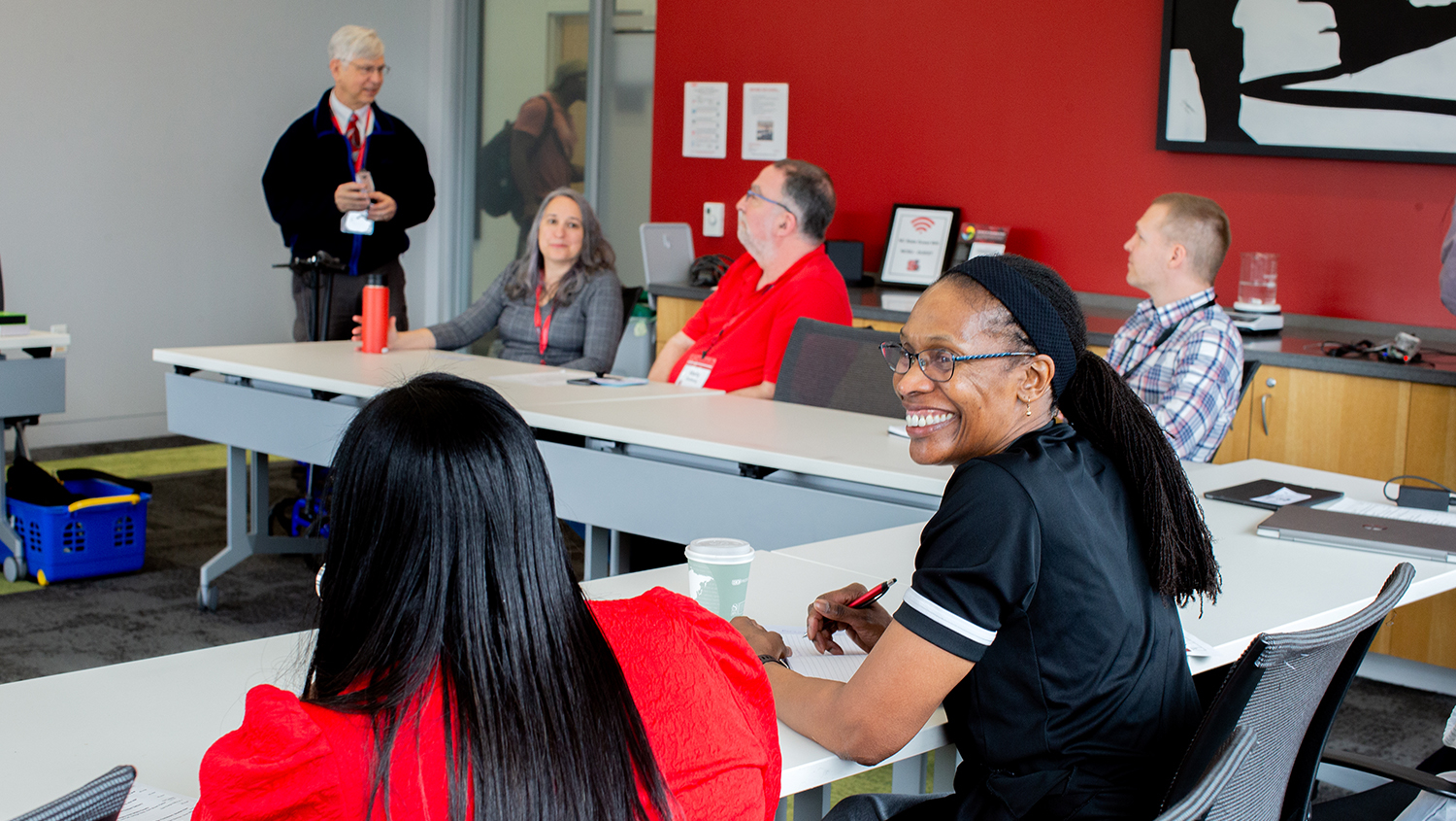 Faculty members learn together at Hunt Library.