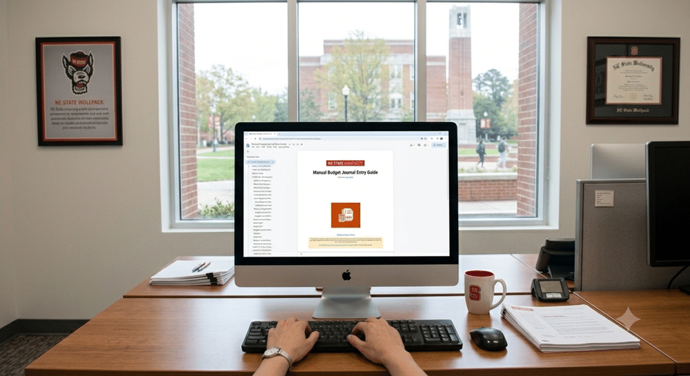 Individual reviewing the Manual Budget Journal Entry Guide on a desktop computer.