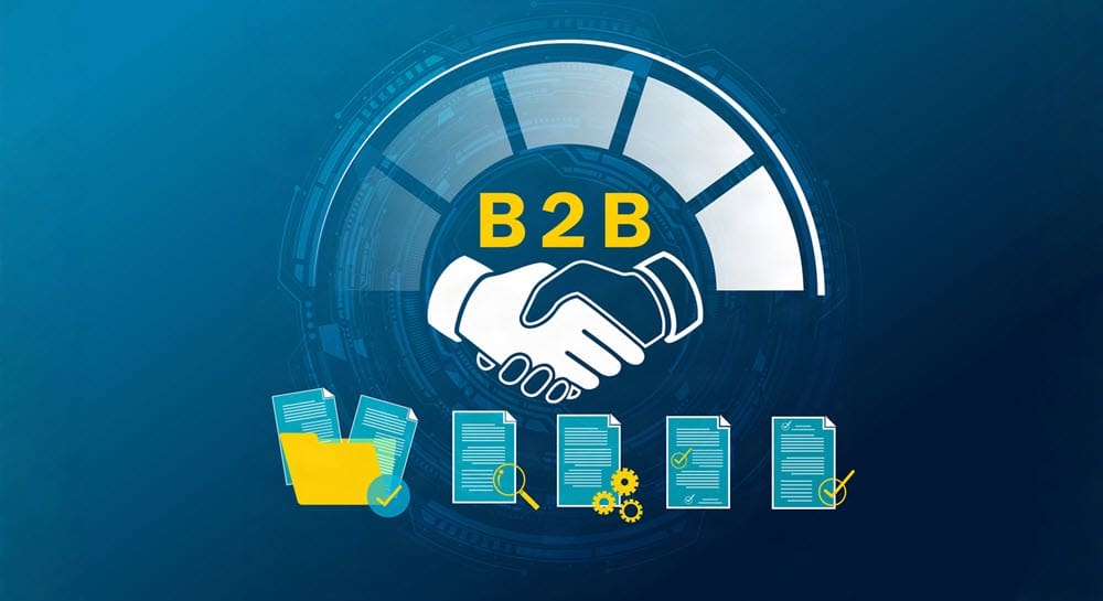 B2B business collaboration illustration with handshake symbol and contract document workflow icon.