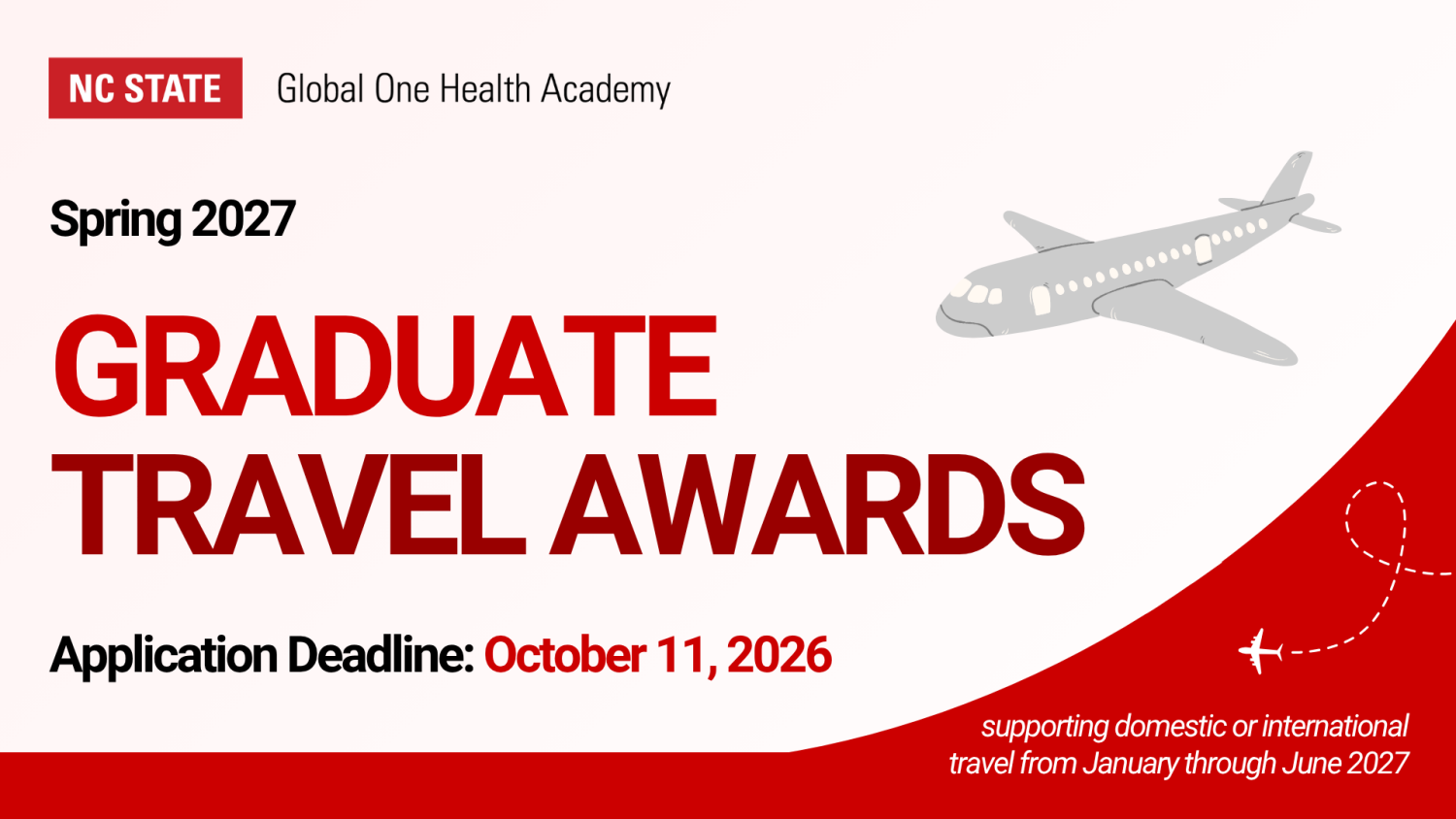 Graphic that reads: Spring 2027 Graduate Travel Awards Application Deadline: October 11, 2026, supporting domestic or international travel from January through June 2027. The NC State Global One Health Academy logo appears in the top left with a graphical drawing of an airplane on the right.