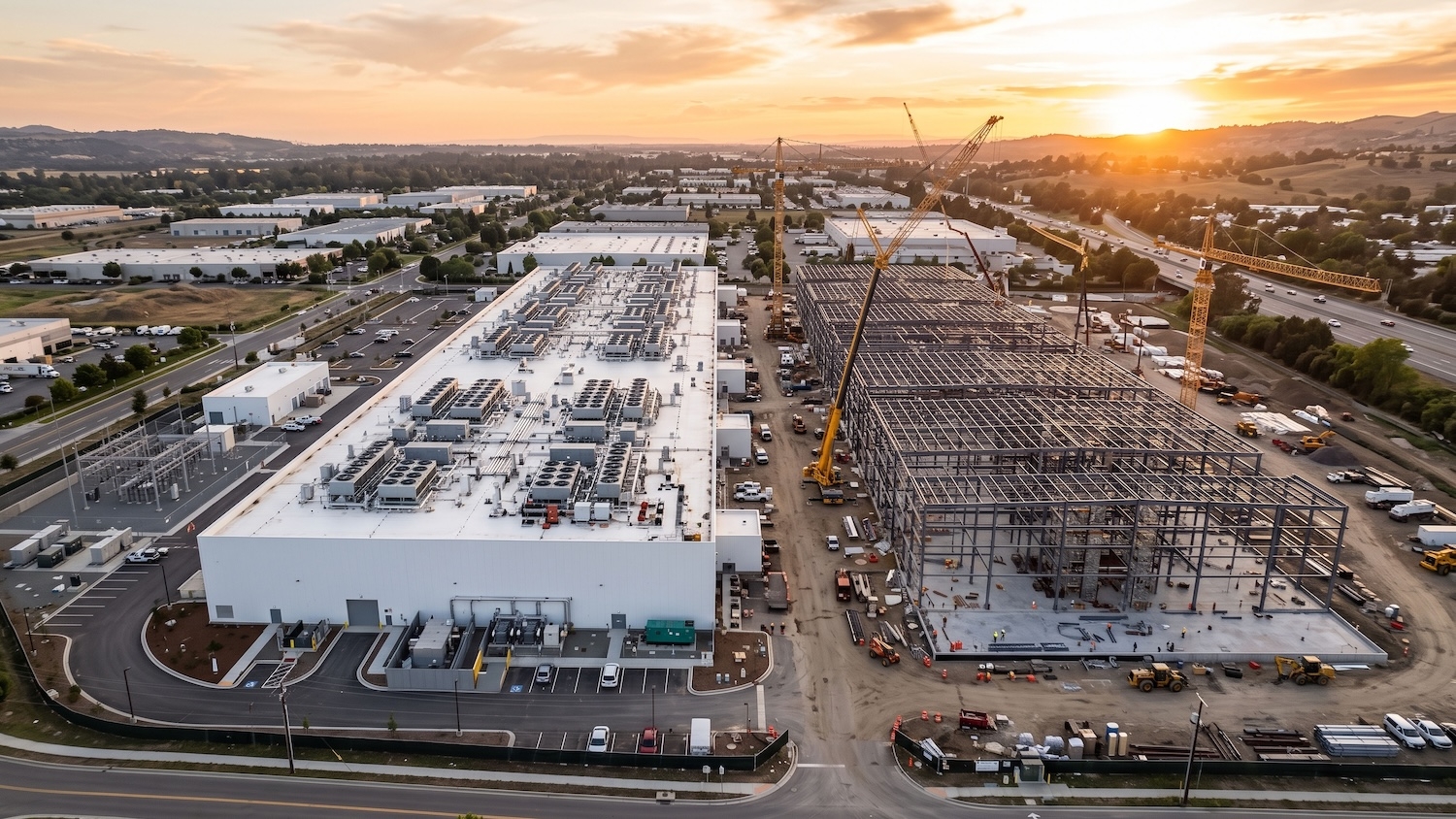 Aerial view of a large industrial facility with one completed building and another under construction, surrounded by roads, vehicles, and cranes at sunset.