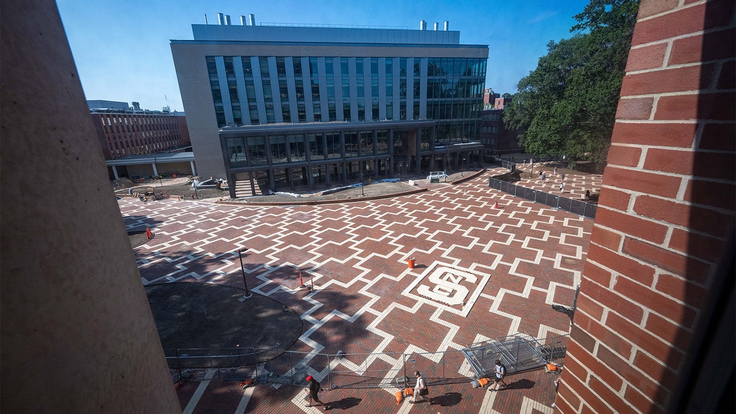 A view of the Brickyard from an upper floor in Hill Library.