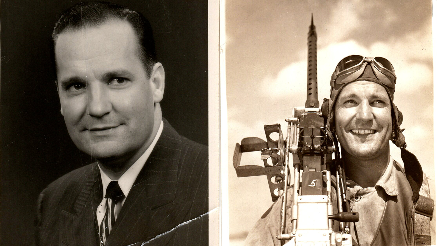 Two photos of P.H. Cooper. On the left, he poses during the 1940s while wearing a suit. On the right, he wears a military uniform and holds his weapon during World War II.