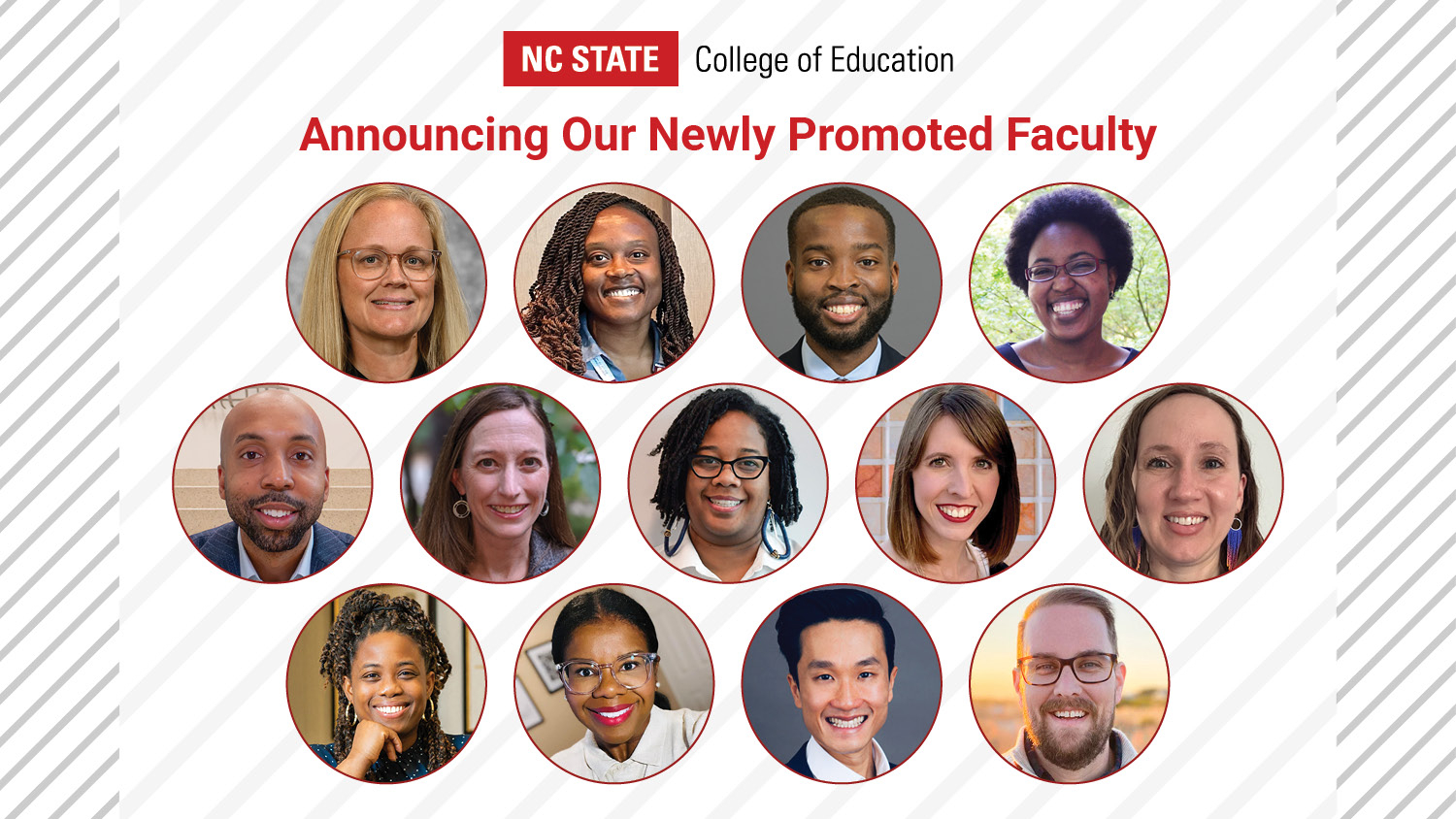 A compilation of headshots of 13 newly promoted faculty members in the College of Education.