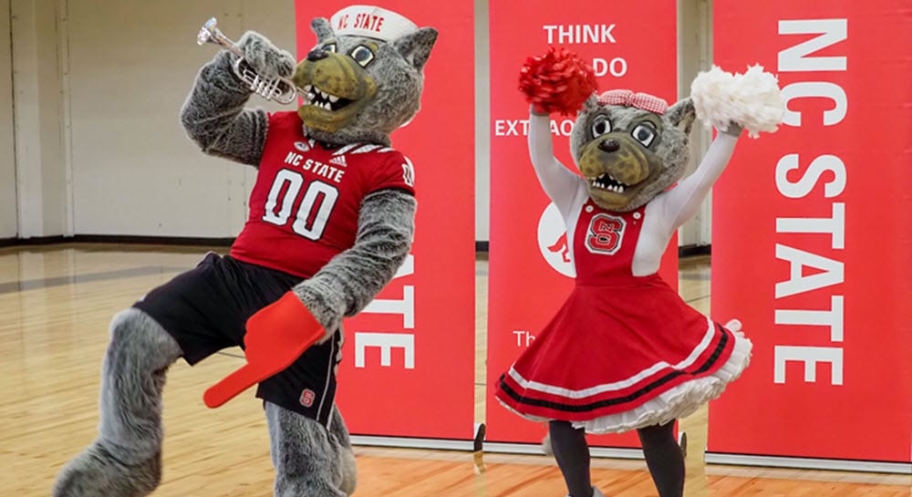 Mr. and Ms. Wuf pose for the camera at a photo session on the basketball court at Carmichael gym.
