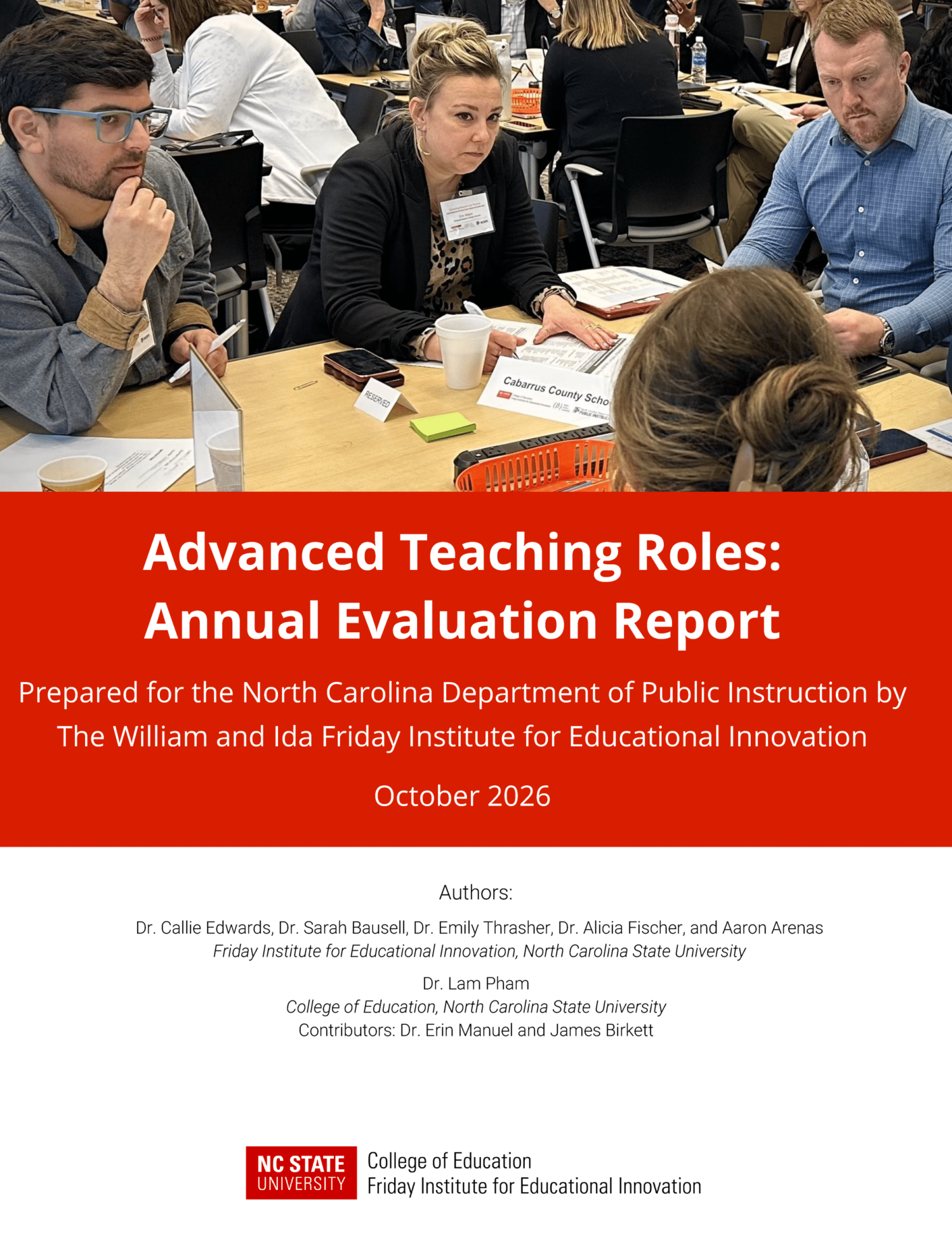 Advanced Teaching Roles: Annual Evaluation Report cover features educators sitting around a table chatting in a large meeting room of others